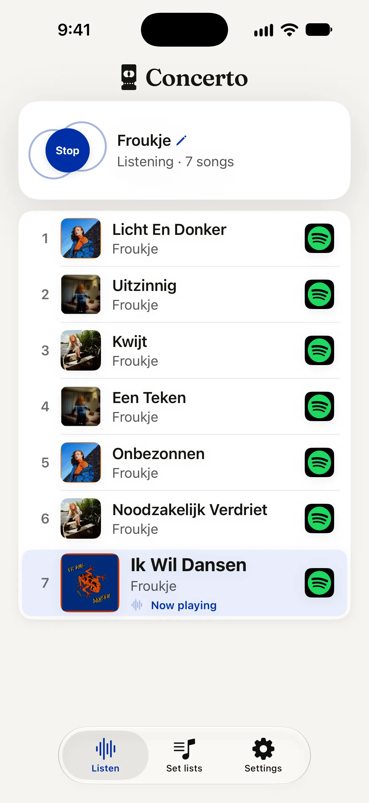 The Concerto Listen screen during a Froukje concert. Seven songs are in the set list, each with its album cover. The last one, Ik Wil Dansen, is marked Now playing.
