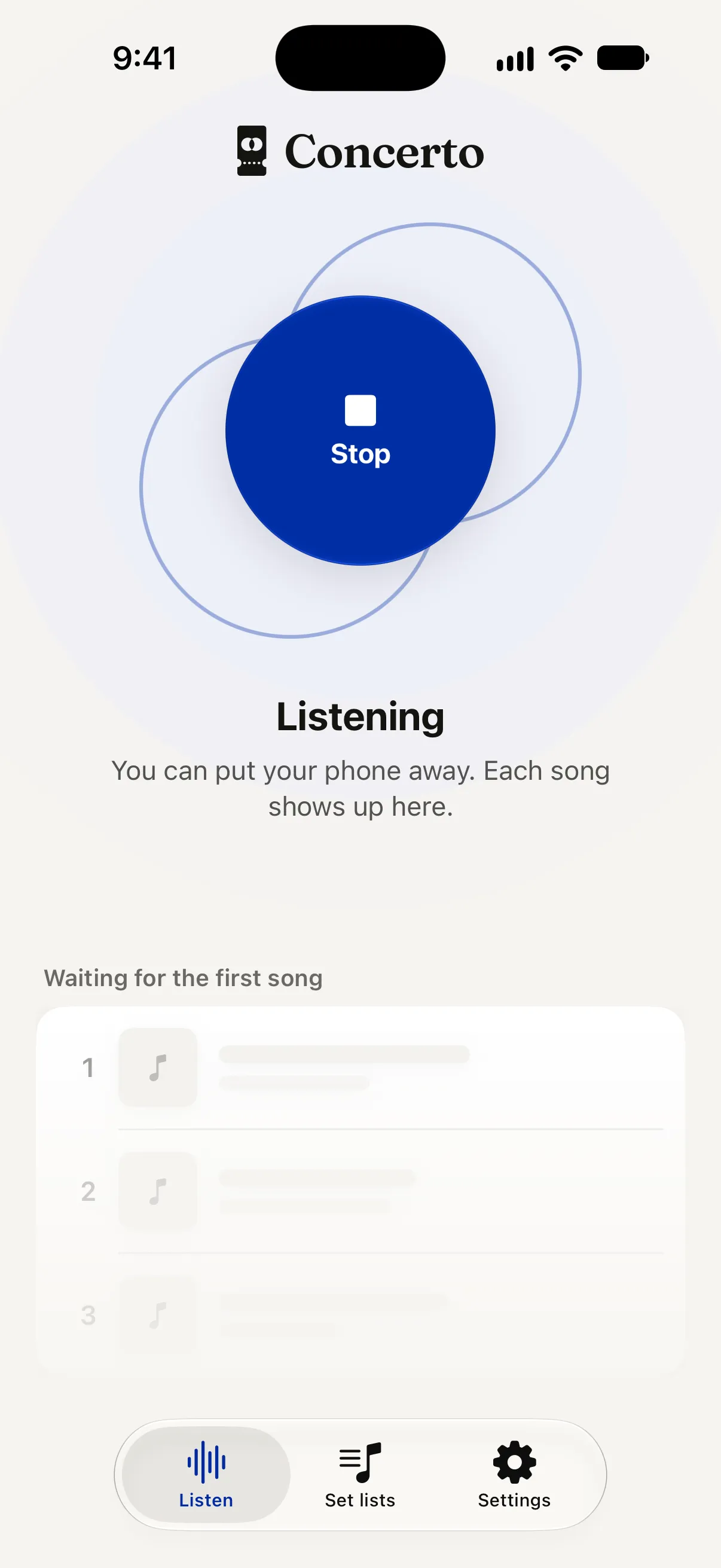 The Concerto Listen screen just after Start. A large blue Stop button with two rings, and the words: Listening. You can put your phone away.