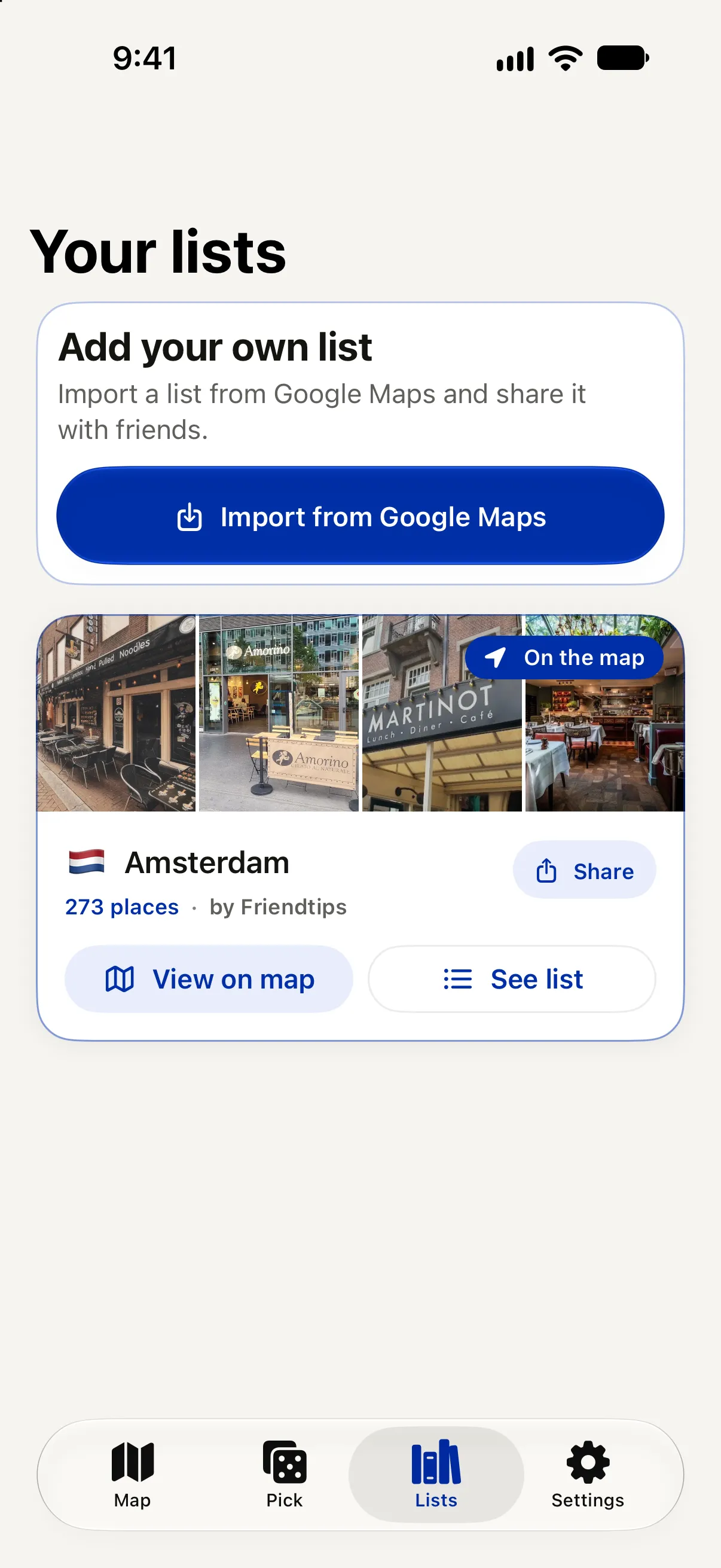 The Lists tab. At the top is Add your own list, with a button to import from Google Maps. Below is the Amsterdam list with 273 places, and buttons to share it, view it on the map, or see it as a list.