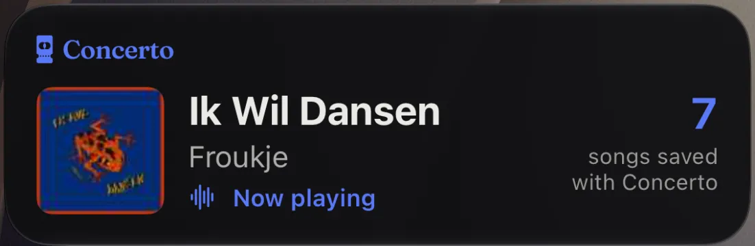 The Concerto Live Activity, close up: the cover of Ik Wil Dansen, the title, Froukje, Now playing, and 7 songs saved with Concerto.